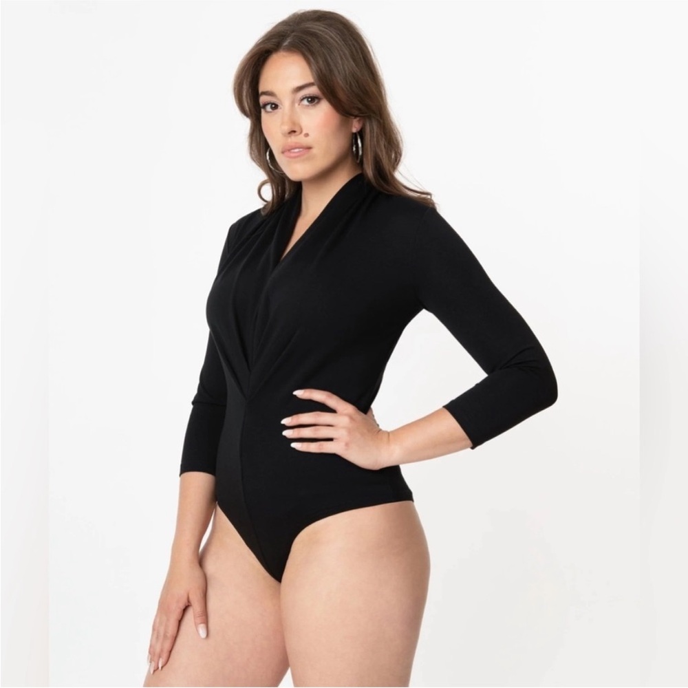 NWT Unique Vintage Black Gathered Neckline Friday Night Bodysuit - XXS XS